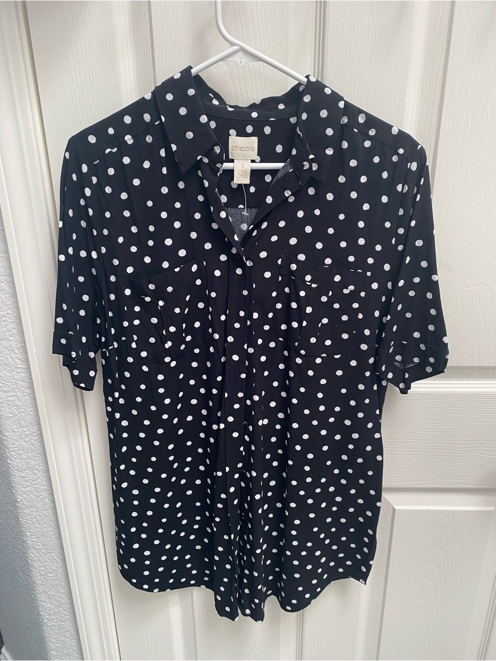 Chico's Black and White Polka Dot Short-Sleeve Button-Up Shirt